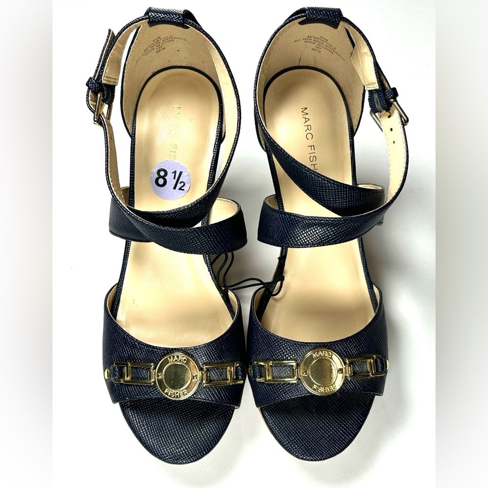 Marc Fisher Navy Blue wedge with ankle straps, Size 8.5, New
